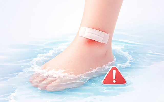 Illustration of a foot with bandaged wound near water